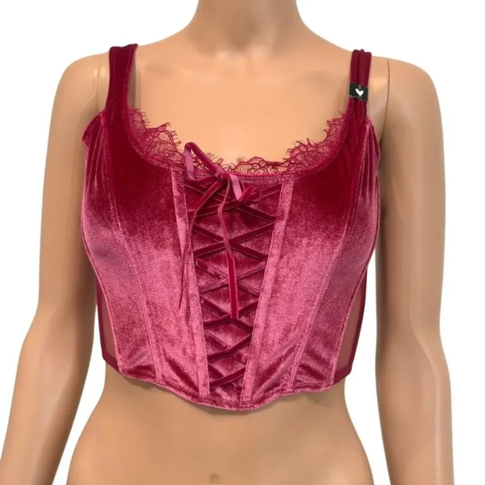 Victoria's Secret small Dream Angels faux lace up velvet corset BC 3186